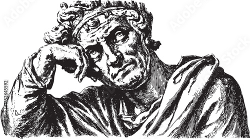 Vintage etching of a Roman figure. Detailed black and white vector illustration with a thoughtful expression, showcasing classic art style.