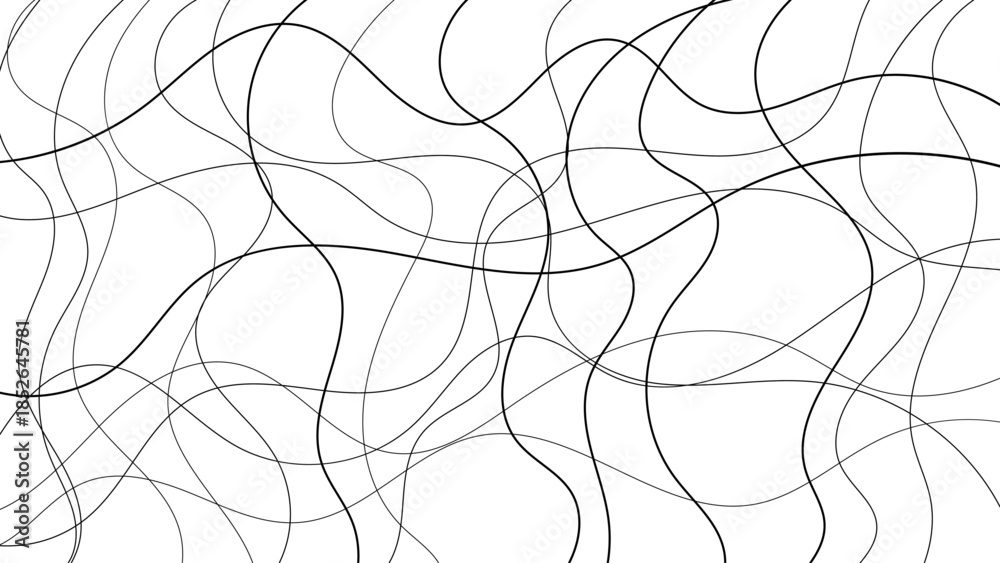 Obraz premium Minimal Black Line Scribble Pattern on White Background Featuring Continuous Curvy Hand-Drawn Strokes, Seamless Abstract Doodle Texture Ideal for Wallpapers, Fabric Prints, Packaging, Branding.