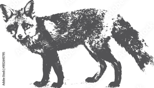 Fox illustration in black and white, showcasing a realistic depiction of the animal. This detailed vector illustration captures the essence of wildlife.