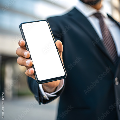 Hand Holding Mobile Phone with White Screen, Corporate Office Background