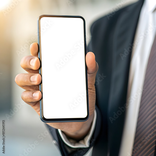 Hand Holding Mobile Phone with White Screen, Corporate Office Background