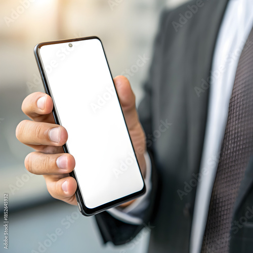 Hand Holding Mobile Phone with White Screen, Corporate Office Background