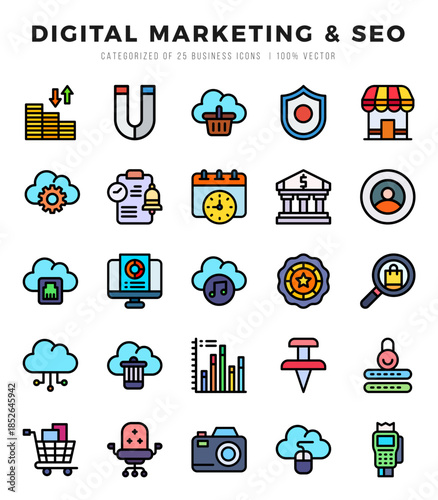 Set of Digital Marketing & SEO Icons. Simple line art style icons pack.