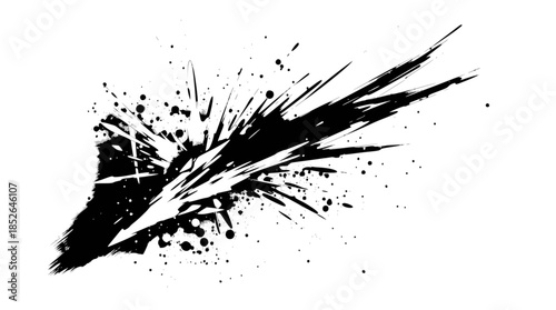 A dynamic black ink splash with sharp, energetic lines and splatters on a white background, creating an abstract and expressive graphic element.