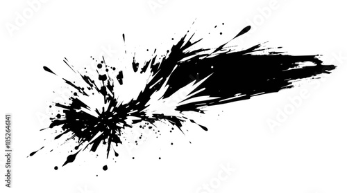 A dynamic black ink splatter with an explosive, elongated tail on a white background, creating an abstract and artistic effect.