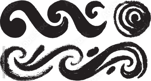 Abstract black brushstroke swirls and squiggles in a creative vector illustration set of modern art elements.