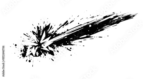 Dynamic black and white ink splash explosion with radiating splatters and streaks creating a striking abstract graphic design.