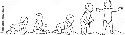 Baby growth stages line illustration showing infant development from crawling to standing milestones for parenting education and child development concepts