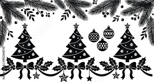 Christmas decorative border with fir branches holiday trees bows stars and ornaments isolated black vector illustration festive winter designChristmas decorative border