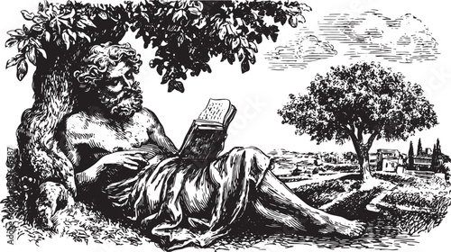 Philosopher reading a book under a tree. Vintage black and white vector illustration depicting a peaceful outdoor scene.