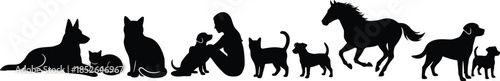 Human and animal silhouettes collection showing pets wildlife and companionship concept in black vector style for design and illustration use
