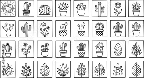 Minimalist plant and cactus icon set with potted succulents leaves flowers and sun symbols isolated black line vector illustration