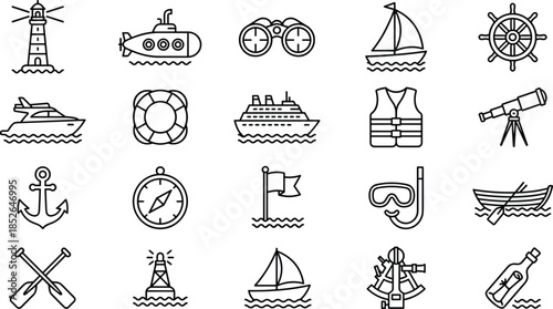 Nautical maritime icon set featuring lighthouse ships anchors compass sailing and navigation symbols isolated black line vector illustration