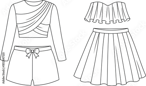 Women fashion outfit technical line drawing featuring crop top skirt sets and pleated designs isolated vector illustration apparel design