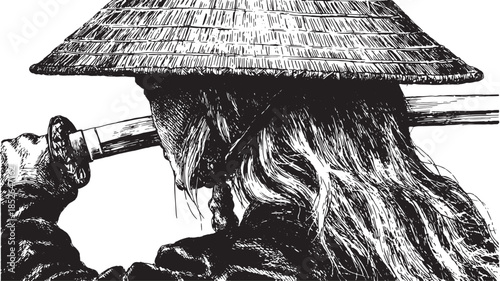 Sword-wielding woman with a traditional hat and long hair in black and white. Detailed vector illustration focuses on cultural strength and elegance.
