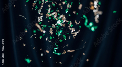 Scattered green and silver star confetti and ribbon pieces on a dark background, representing celebration, party, or festive occasion