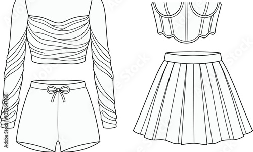 Women fashion outfit technical line drawings featuring ruched crop tops corset details shorts and pleated skirts isolated vector illustration