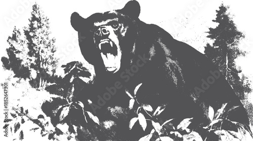 Roaring bear in black illustration style. This wildlife vector art showcases a powerful creature in a wilderness setting, emphasizing nature and raw expression.