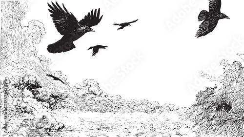 Flying birds across a scenic sky. Black silhouettes against a minimal background, featuring elegant waves in this vector illustration set.