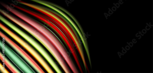 Abstract lines curve, vibrant colors blend. Dark background emphasizes bright shapes, creating dynamic visual impact. Smooth gradients dominate composition.
