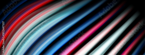 Abstract colorful lines curve diagonally across black background. Vivid shades create dynamic visual effect. Smooth gradients dominate composition.