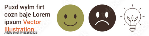 Emotional expression, creativity, inspiration, decision-making, mental health, mood tracking. Green happy face, brown sad face and light bulb for ideas. Emotional expression and creativity