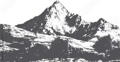 Mountain landscape in black and white. Rocky peaks and hills create a dramatic outdoor vector illustration, showcasing natural beauty.