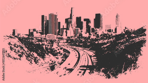 City silhouette of Los Angeles skyline in modern graphic design. The illustration features a pink background with a highway, creating a vibrant vector set.