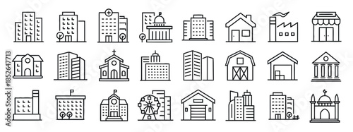 Buildings Icons Set Featuring Office Hospital Government House Factory Store School Apartment Church Skyscraper Barn Museum University College Ferris Wheel Warehouse Mosque