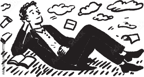 Man dreaming while sitting. Simple black and white vector illustration showcasing relaxation with clouds and books in the scene.
