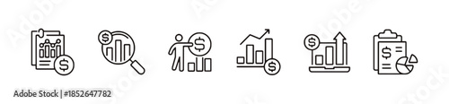 Business and financial analysis line icons set featuring charts, graphs, and documents with dollar symbols for economic growth and market research