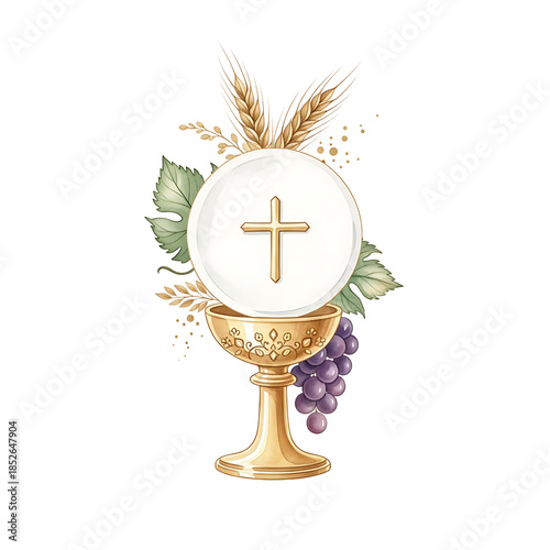 Golden chalice with communion wafer, grapes, and wheat illustration  