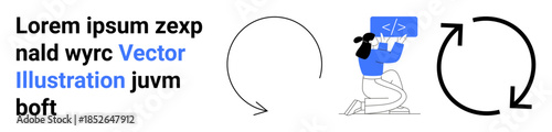 Software process flow, coding tutorials, web development, technical guides, programming resources, agile development. Circular arrow symbols with a programmer at a computer. Coding tutorials