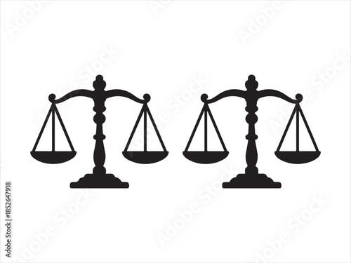 Balance scale silhouettes, justice scale icons, legal balance symbols, vector illustration, black isolated design