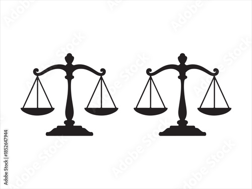 Balance scale silhouettes, justice scale icons, legal balance symbols, vector illustration, black isolated design