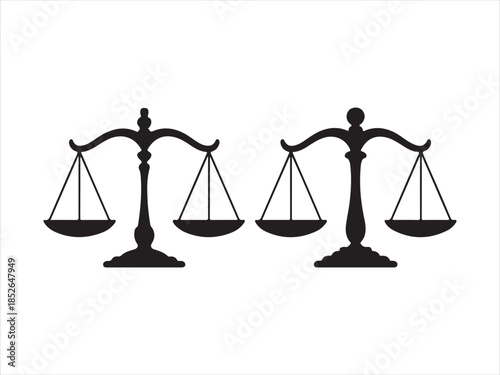 Balance scale silhouettes, justice scale icons, legal balance symbols, vector illustration, black isolated design
