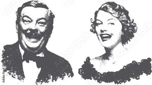 Vintage illustration of a happy couple in black and white. Classic vector artwork showcasing joyful expressions in a retro style.