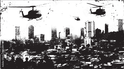 Multiple helicopters flying over an urban skyline. Black and white vector illustration showcasing the city landscape in a graphic style.