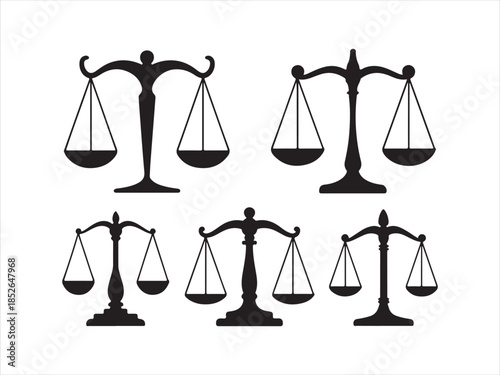 Balance scale silhouettes, justice scale icons, legal balance symbols, vector illustration, black isolated design