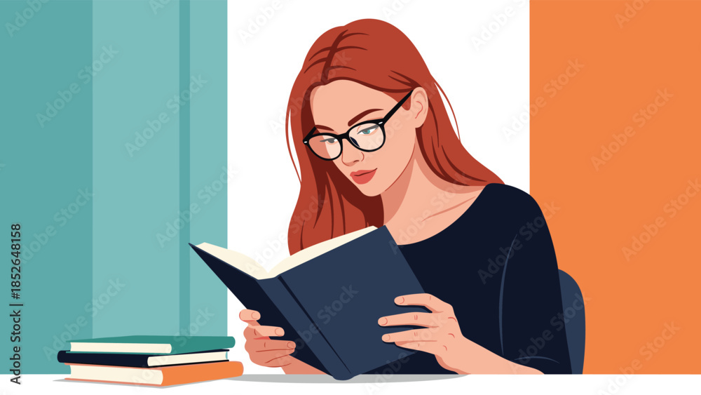 Obraz premium Young woman with red hair and glasses is deeply focused on reading a book while sitting at a desk with a stack of literature nearby.