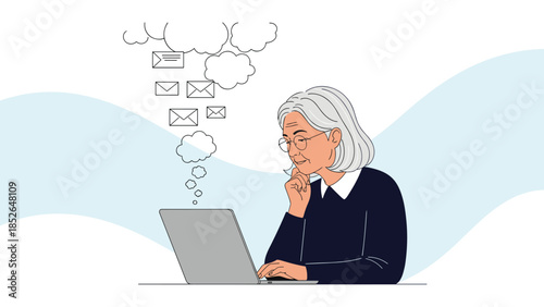 Elderly woman with gray hair sits at her laptop thinking about incoming emails represented by icons in small thought bubbles above.