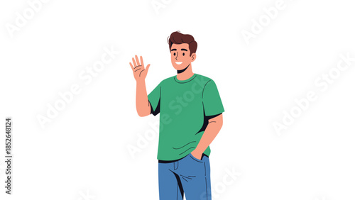 Friendly young man with brown hair and a green t-shirt is smiling and waving his hand against a plain and simple white background.