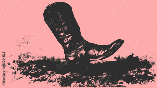 Black leather western boot, showcasing textured design and stylish aesthetics. This vector illustration captures a classic footwear style.