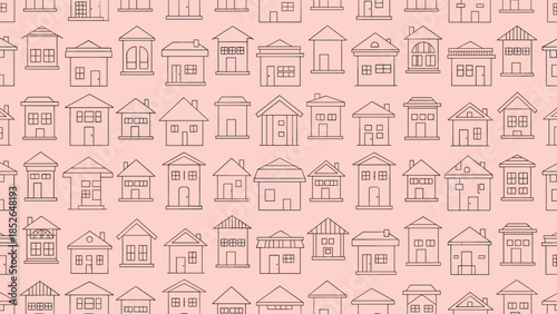 Seamless pattern of various simple house icons and residential building sketches distributed over a soft pinkish background.