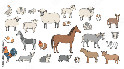 Large collection of diverse farm animals and pets including horses, sheep, goats, chickens, and guinea pigs on a plain white background.