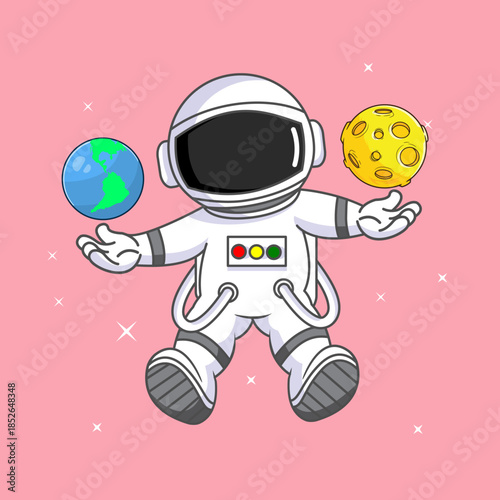 Cute Astronaut Juggling Earth and Moon in Space Vector Illustration Cartoon Design