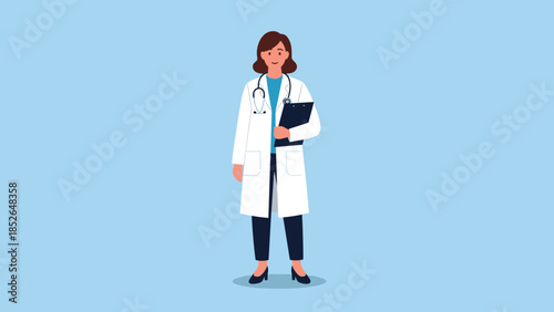 Professional female doctor standing with a medical clipboard and wearing a white coat is ready to assist patients in a clinic environment.