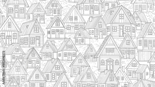 Intricate black and white sketch pattern shows a dense neighborhood of traditional European style houses with detailed roofs and windows.