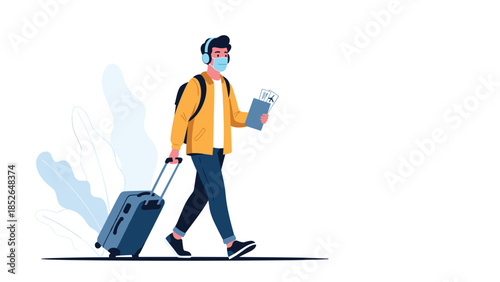 Young male traveler wearing a face mask and headphones walks with his suitcase while holding flight tickets for his next journey.