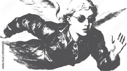 Vintage illustration of an angelic woman in flight. The monochrome graphic features wings, showcasing creative design in a unique vector artwork.